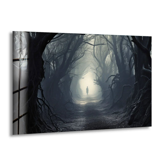 A lone figure walks a path through a dark forest of twisting organic forms, part of this decorative wall art.