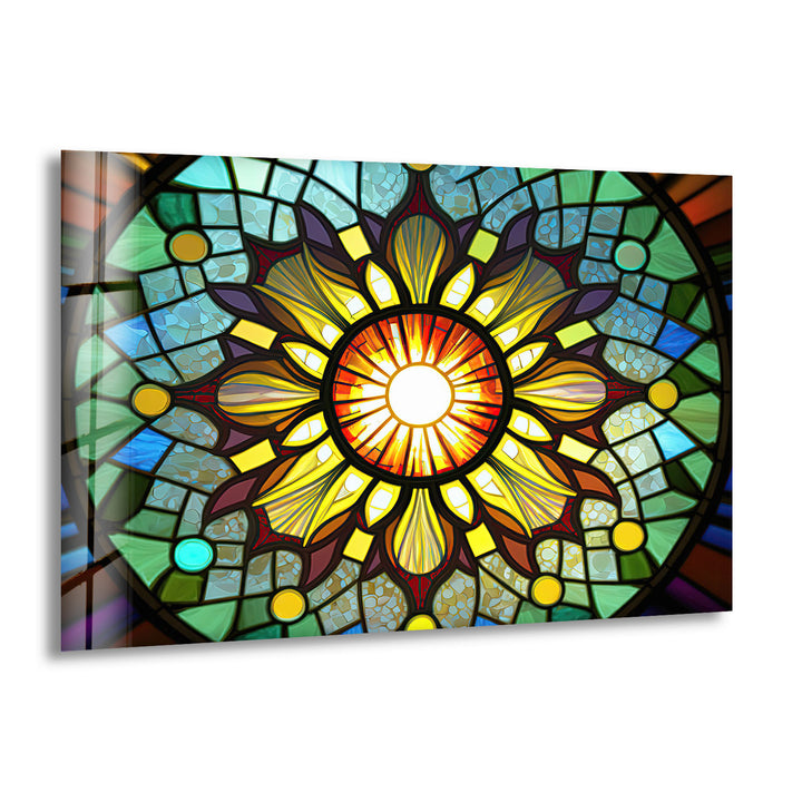 Strahlende Buntglas-Wandkunst mit Sonnenstrahlen – Buntes Mandala-Fensterpaneel 