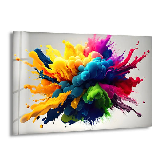 This rectangular glass wall art features a vibrant, exploding abstract shape composed of rounded, bulbous forms and fluid splashes of color.
