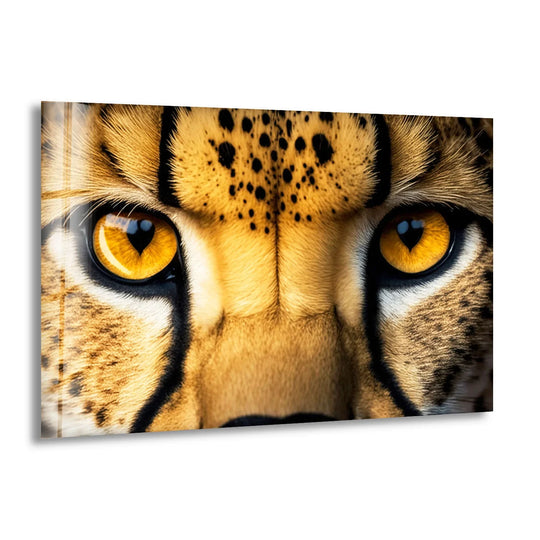 Close-up horizontal glass art painting of vibrant golden cheetah eyes with a bold, captivating shape.