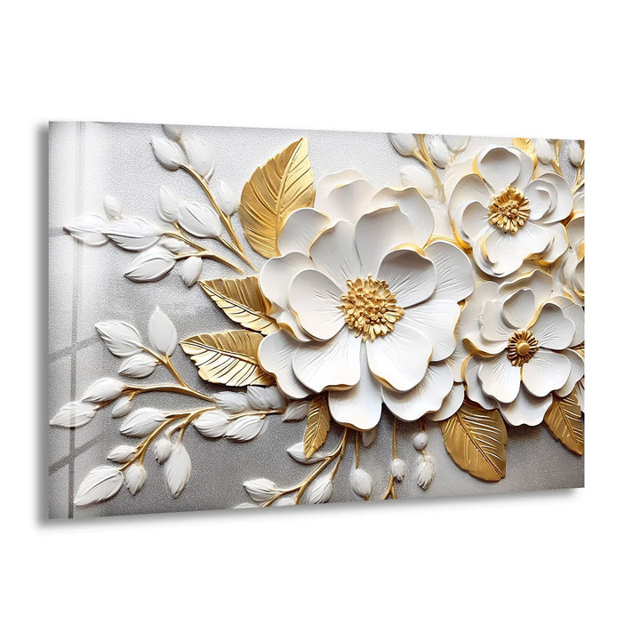 White Gold Floral Wall Art – 3D Textured Flower Print on Glass Panel - MyPhotoStation