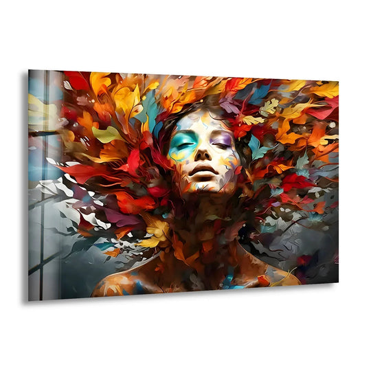 Abstract woman with cascading colorful leaves rendered with stunning depth and layers in this home decoration art piece.