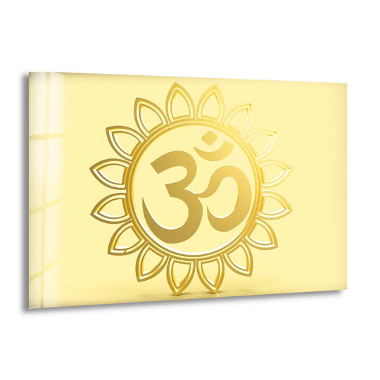 Organic, petal-like forms radiate around the golden Om symbol, creating a serene and radiant glass wall art decor that elevates spiritual spaces.