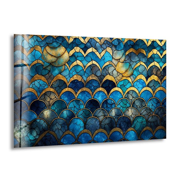 Blau-goldene Wellenmosaik-Glaskunst – Vom Meer inspirierte, rissige Textur 