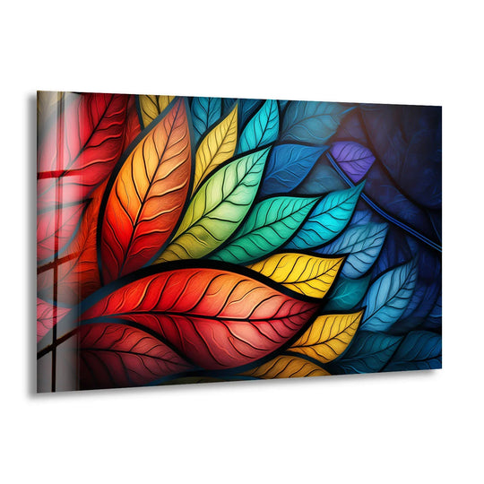 Radiant red leaves demand attention as the loudest element in this vibrant rainbow leaves art from glass print, creating colorful abstract wall art.