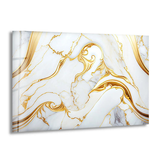White marble glass wall art decor with shimmering gold swirls along the sleek glass edge.