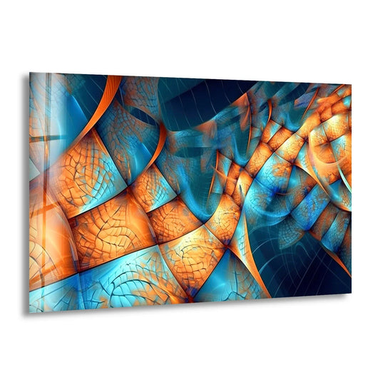 Fractal wave glass wall art prints showcase deep blue and orange abstract layers with intricate, cracked textures.
