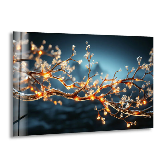 The geometric elements of this crystal tree branch illuminate the nature-inspired design in a modern tempered glass wall art print.