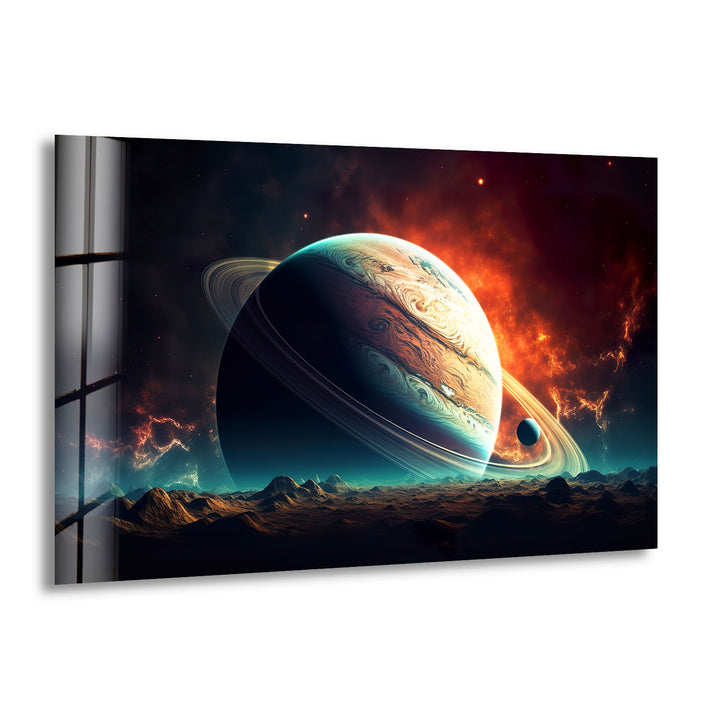 Saturn über fremdem Horizont – Planetenlandschaft, Glaswandkunst 