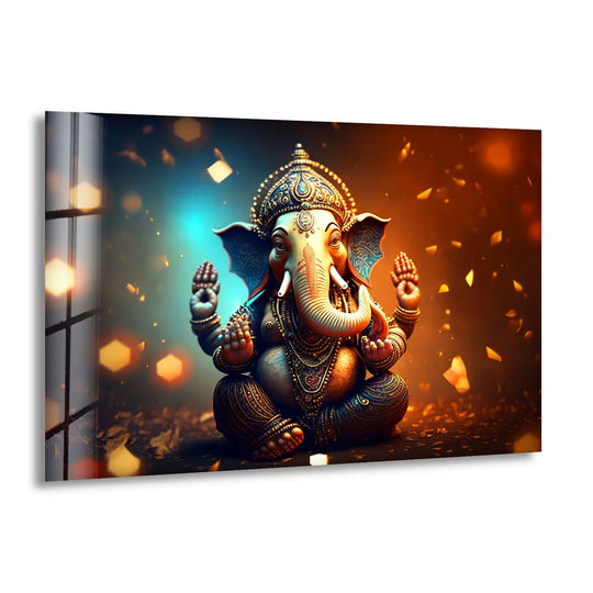 Showcasing the layering effect, this golden Lord Ganesha glass print features meticulous details, adding depth to spiritual wall prints within the sacred decor.