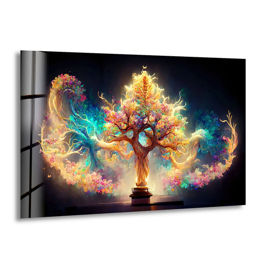 The brightest area highlights the radiant tree's glowing canopy, making this fantasy Tree of Life a stunning example of decorative wall art printed on glass.