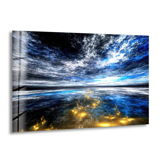 An ethereal mood emanates from this celestial ocean light wall art, its abstract blue and gold horizon glass print offering captivating home decor.