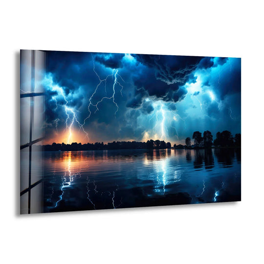 The brightest area of this dramatic thunderstorm glass print illuminates the reflective lake below, offering unique modern wall decor for any living space.
