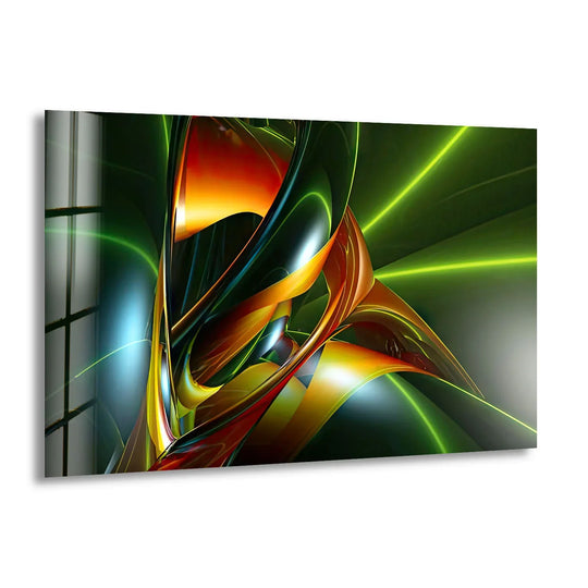 A serene abstract glass print, this hanging wall art captures a moment of stillness within its glowing neon-green swirls and flowing forms.