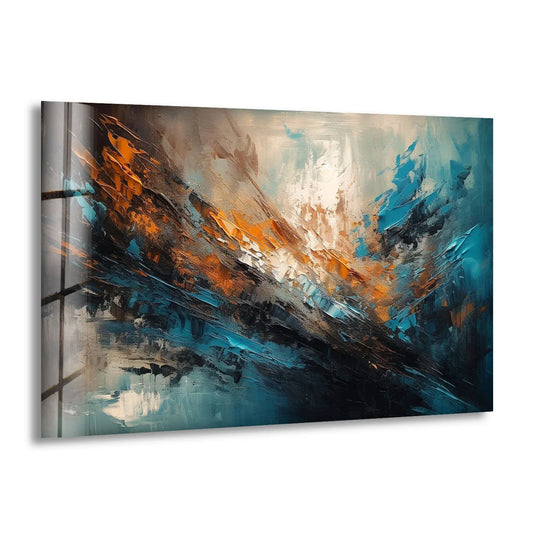 This modern abstract brushstroke glass art features dynamic teal and copper splashes with rich texture.