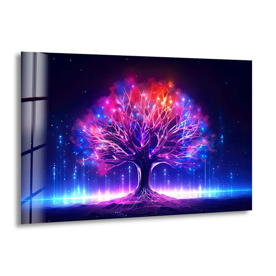 A fantasy tree glows with neon abstract light on this detailed glass printing, featuring vibrant colors and ethereal mist.