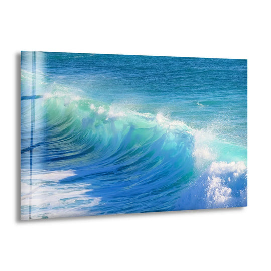 Highlighting the realistic detail of the crystal blue ocean wave, this tempered glass surf seascape print features dynamic wall art prints.