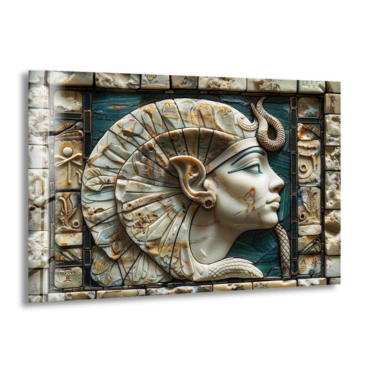 A pharaoh's profile, framed by geometric Egyptian hieroglyphs and stone tiles, adorns this captivating glass wall artwork.
