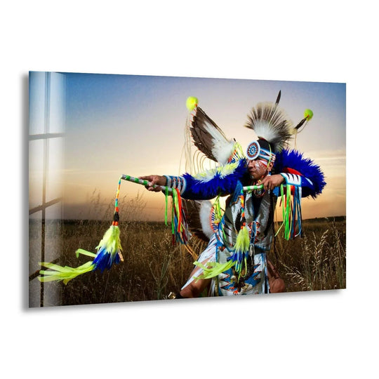 A Native American dancer in ornate regalia appears to spin in this vibrant home decor glass artwork.