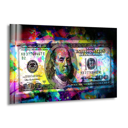 A vibrant glass art painting depicts layered neon dollar art with a sense of depth and visual intrigue.