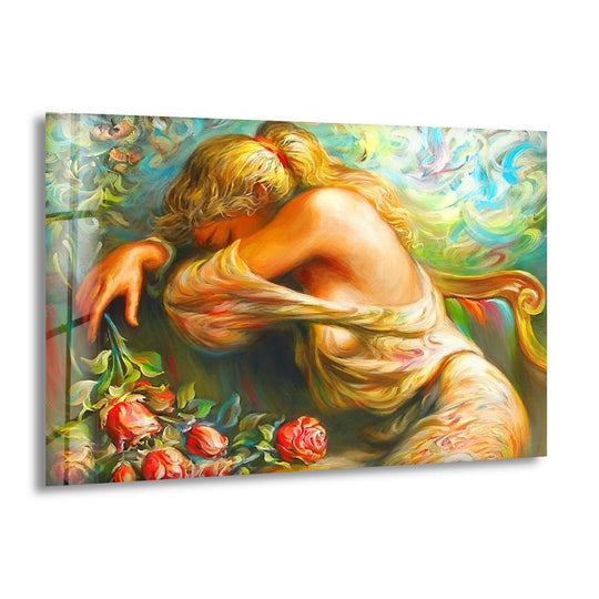 Darkest hues of emerald and forest green form a lush backdrop for this romantic oil painting art prints of a woman with flowing blonde hair and detailed red roses.