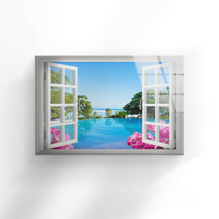 Tranquil summer getaway decor with an open window view of the ocean and luxurious pool.
