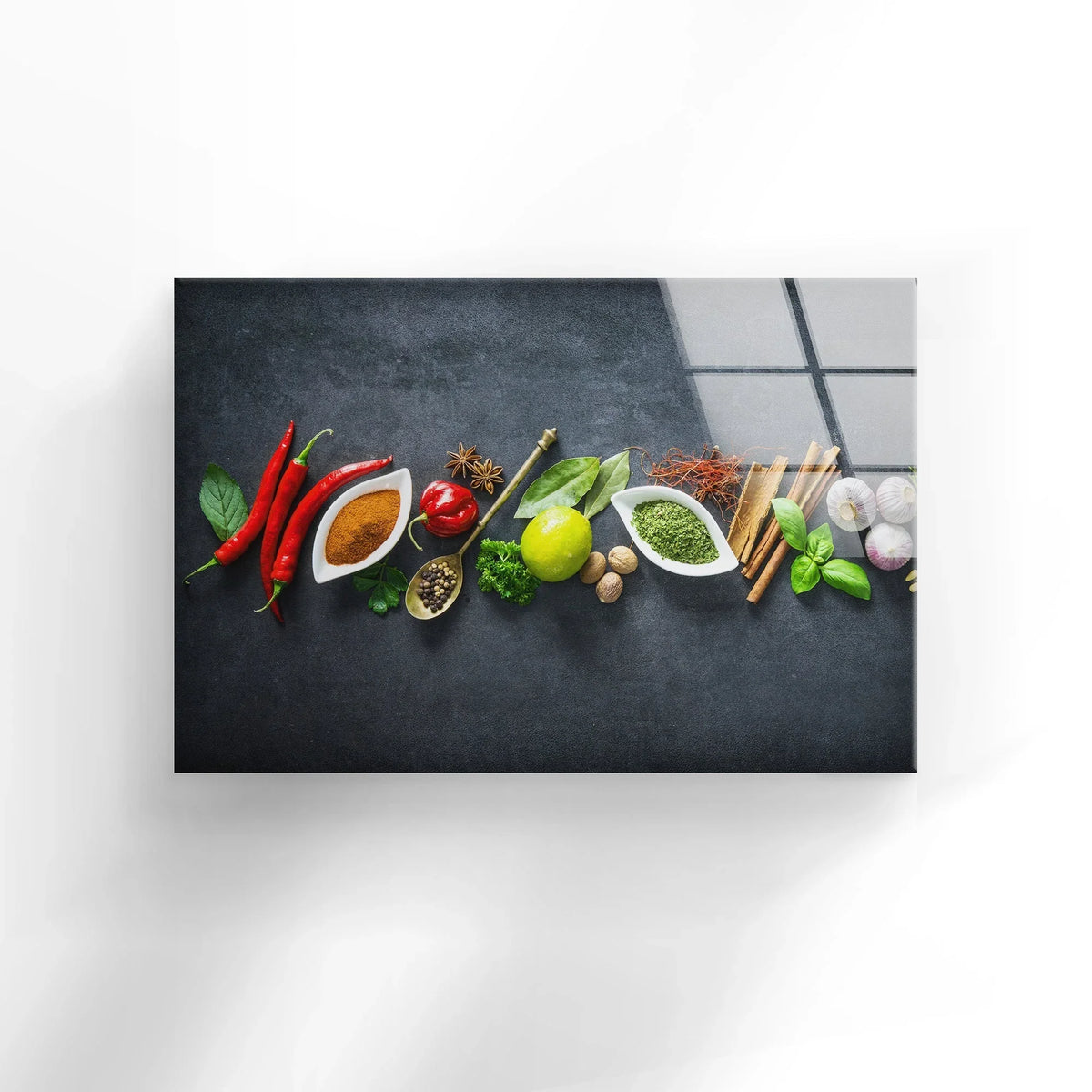 The darkest area highlights the texture of the spices kitchen decorative wall art, showcasing vibrant colors and fresh culinary ingredients.