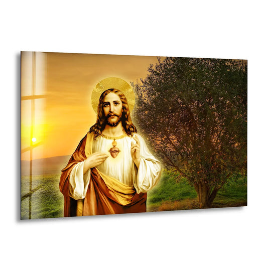 Religion glass wall art sacred heart of Jesus and Christian wall decor with divine glass artwork and durable tempered style for faith celebration