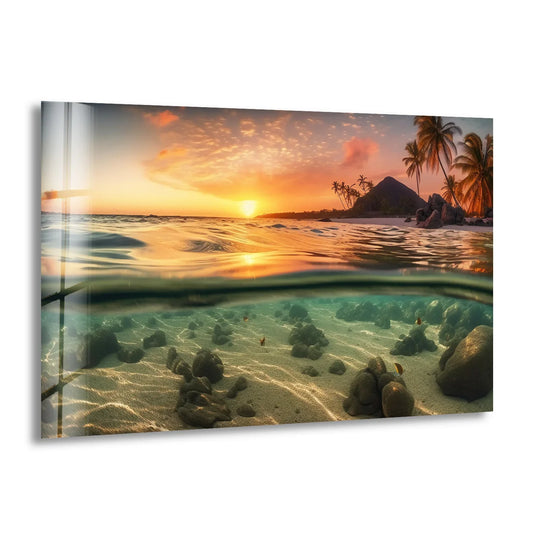 The stillness of the tropical volcanic island sunset is captured in this tempered glass wall art, a tranquil ocean split view of sand and sky.