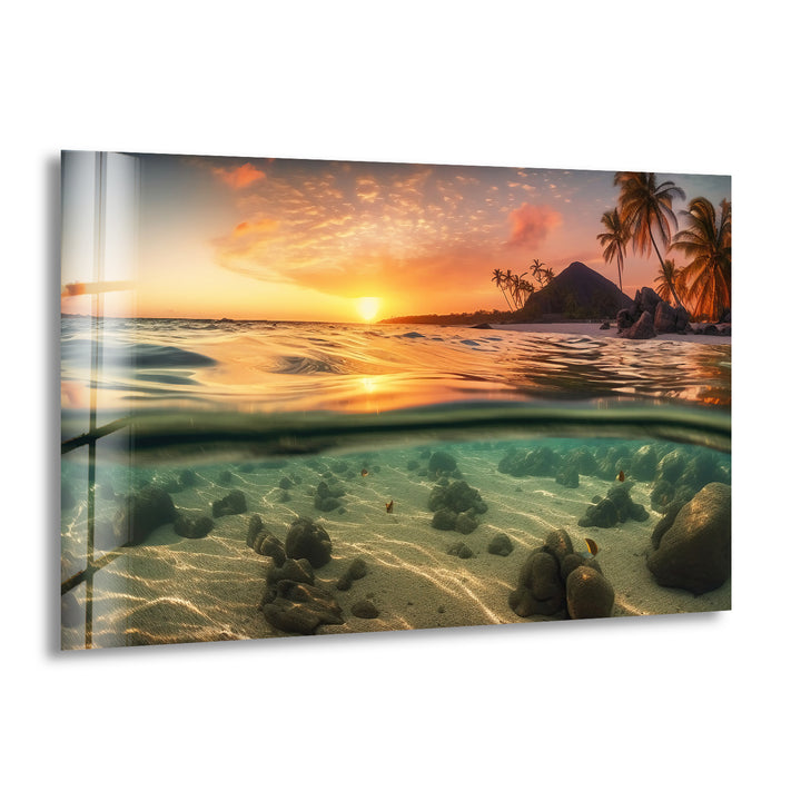 Volcanic Island Sunset Wall Art – Tropical Over Underwater Glass Print