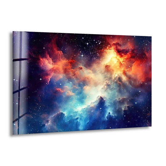 Nebula Galaxy Wall Art – Cosmic Cloud Glass Print with Vibrant Blue & Red Starburst for Futuristic Space-Inspired Decor - MyPhotoStation
