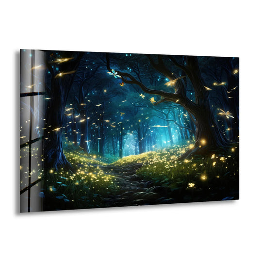 Negative space highlights the path through the enchanted firefly forest in this decorative wall art glass print, a magical night scene for fantasy decor.