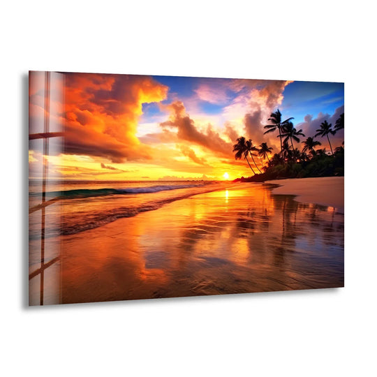 Visual rhythm repeats golden hues and swaying palm silhouettes in this tropical sunset glass wall artwork, creating a serene golden horizon landscape.
