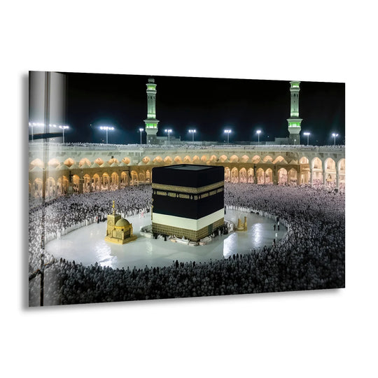 Revealing the layers of faithful crowds encircling the Kaaba in Mecca, this sacred Islamic print captures the depth of Masjid al-Haram at night with best glass art.