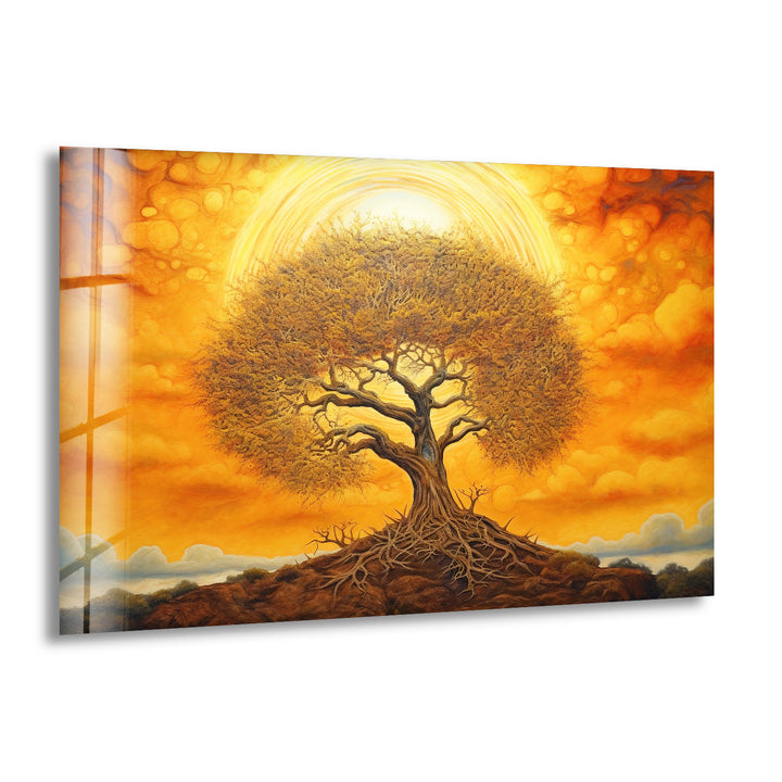 Surreal Tree of Life Wall Art – Glowing Sunset Glass Print for Spiritual and Nature-Inspired Decor