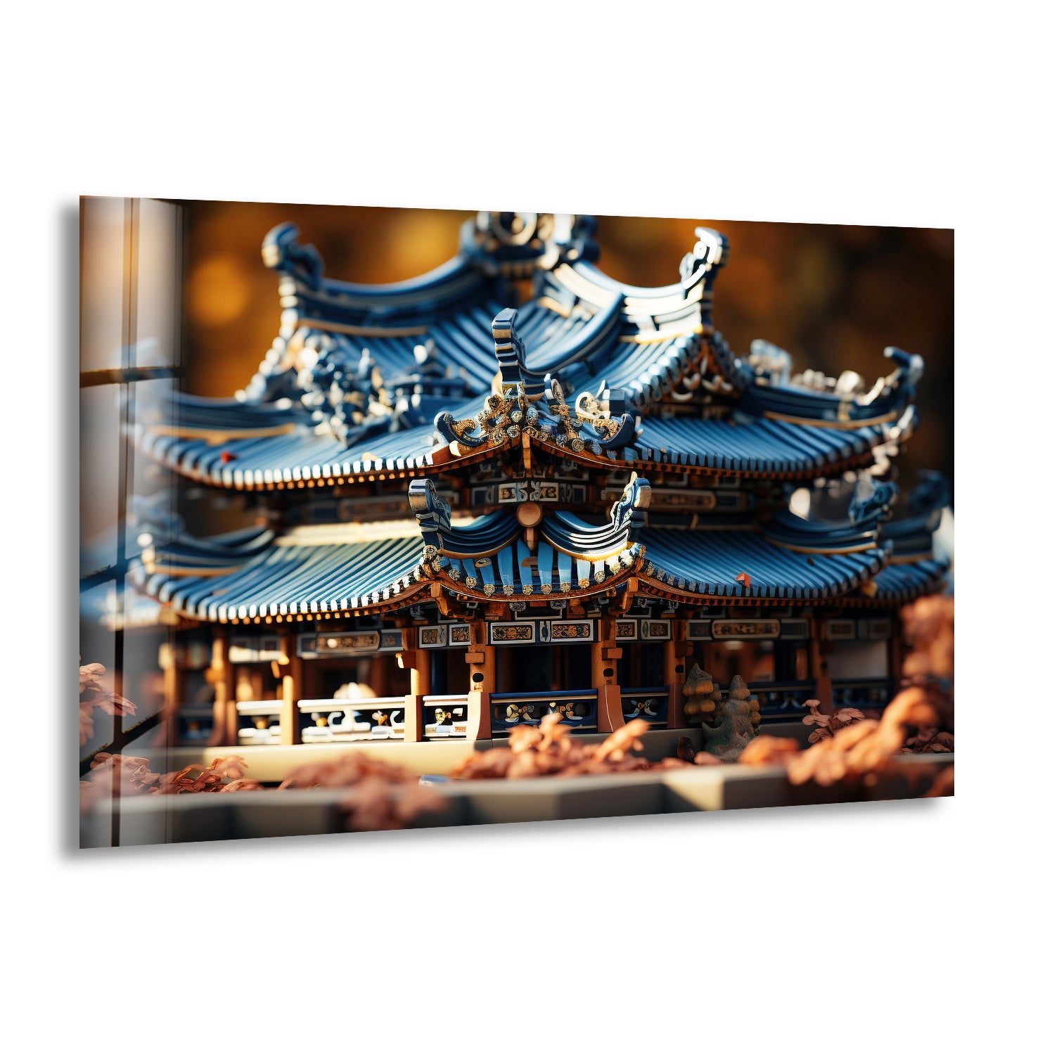 Traditional Asian Temple Wall Art – Blue Pagoda Architecture Glass Print for Cultural Decor