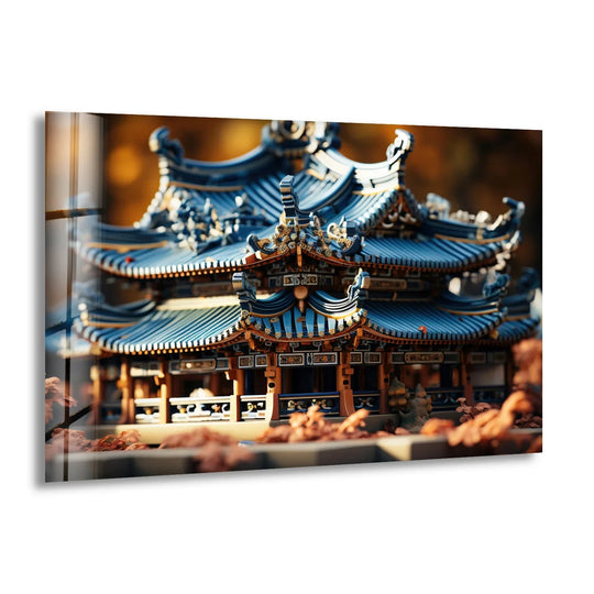 Layered construction creates depth in this oriental architecture glass wall art, with a tranquil temple design achieved through precise glass printing techniques.