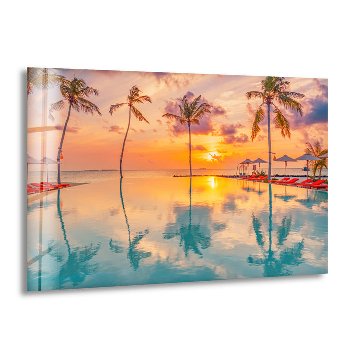 Luxury Tropical Sunset Wall Art – Infinity Pool & Palm Tree Glass Print for Coastal and Resort-Inspired Interiors
