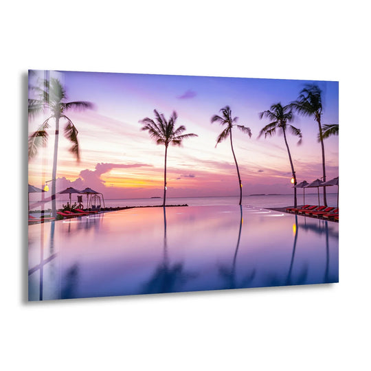 Tropical Sunset Pool Wall Art – Palm Tree Reflection Glass Print for Relaxed Interiors - MyPhotoStation