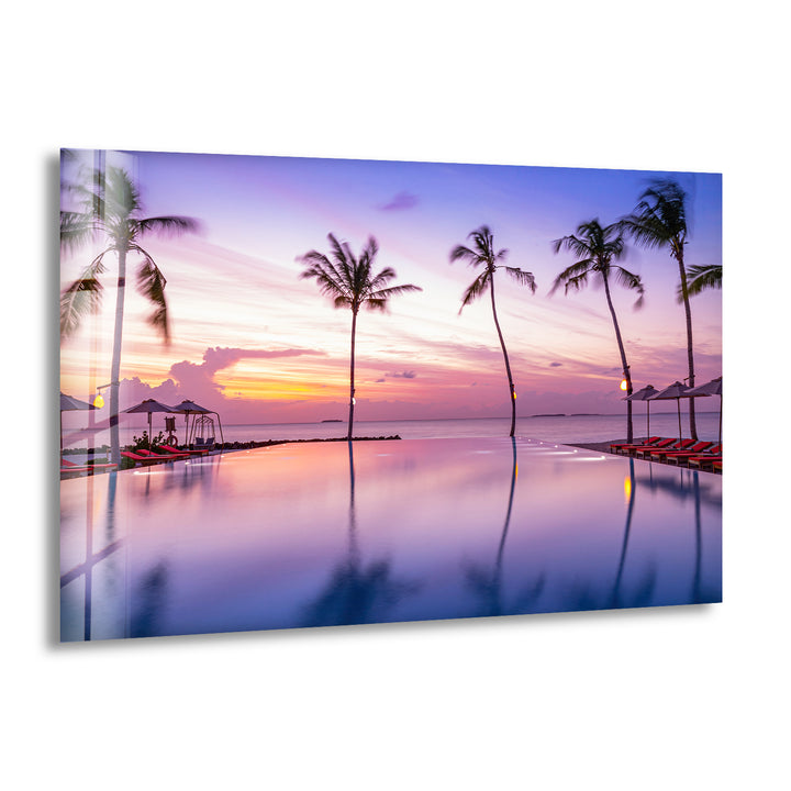 Tropical Sunset Pool Wall Art – Palm Tree Reflection Glass Print for Relaxed Interiors