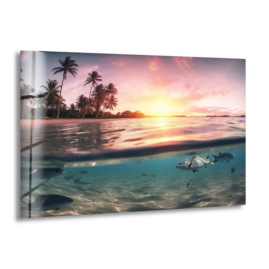 Warm color temperature radiates from the sunset sky reflected in this tropical ocean split view tempered glass wall art, contrasting the cool underwater tones.