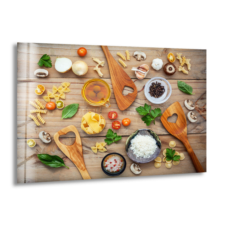 Rustic Italian Kitchen Wall Art – Culinary Glass Print Featuring Pasta, Spices & Wooden Utensils