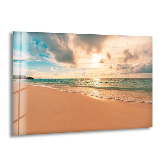 The brightest area illuminates the golden hour beach with a serene ocean sunset, beautifully depicted as art from glass.