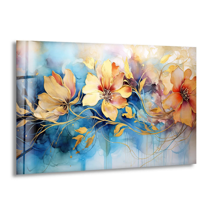 Golden Floral Fantasy Wall Art – Abstract Blue and Yellow Flower Glass Print for Elegant Interiors - MyPhotoStation