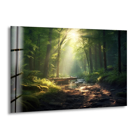 Captured in tempered glass wall art, the sunlit forest stream rushes forward with the pathway guiding the eye deeper into nature's movement.