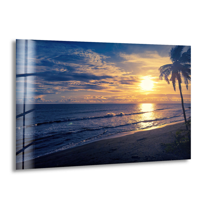 Golden Blue Beach Sunset Wall Art – Coastal Glass Print with Palm Silhouette
