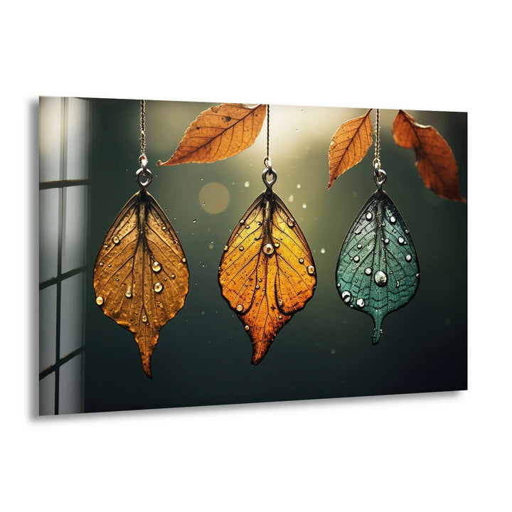 Autumn Dew Leaf Wall Art – Elegant Nature-Inspired Print with Golden & Teal Hues - MyPhotoStation