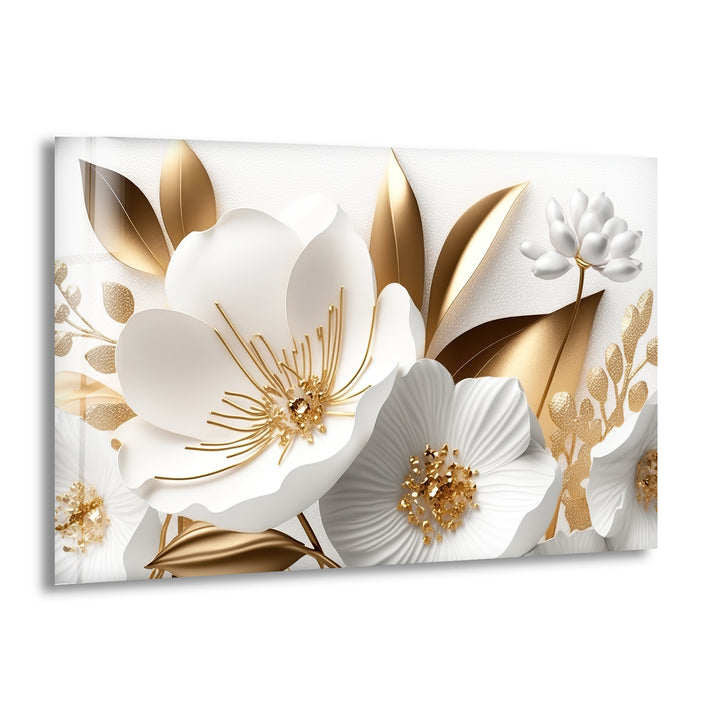Elegant White and Gold Floral Wall Art – Luxury Botanical Glass Print for Sophisticated Decor