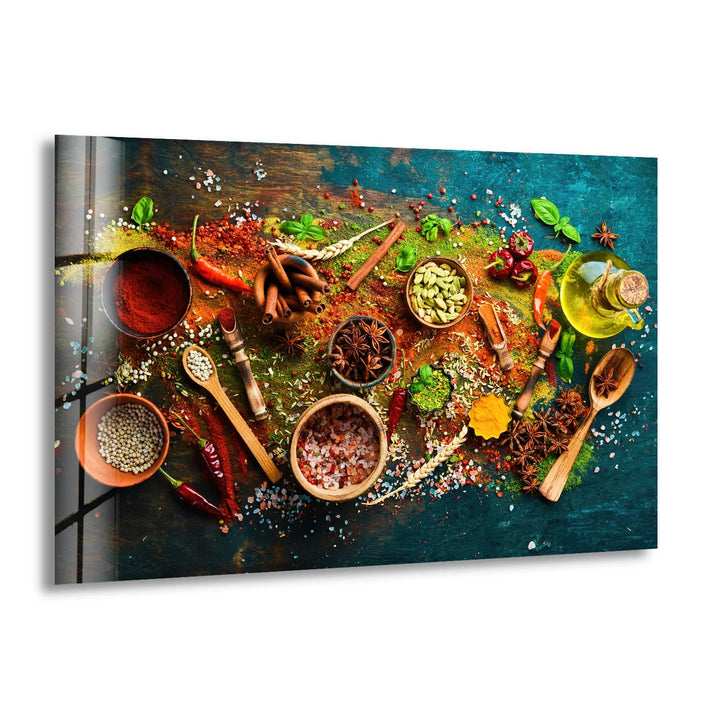 Evoking the abstract quality, colorful spices and herbs form a painterly design in this rustic kitchen glass print, a vibrant example of glass printing for unique culinary decor.