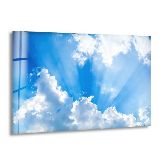 Highlighting the abstract quality, the heavenly sky light rays and blue clouds are beautifully rendered as glass wall artwork, creating an uplifting décor piece.